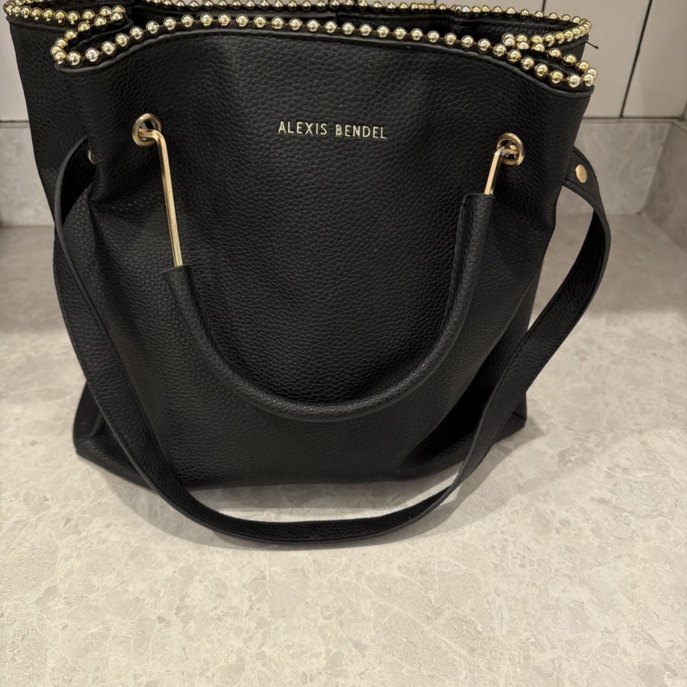 Alexis Bendel Black Pebbled Vegan Leather Bucket Bag Gold Beaded Trim Handbag